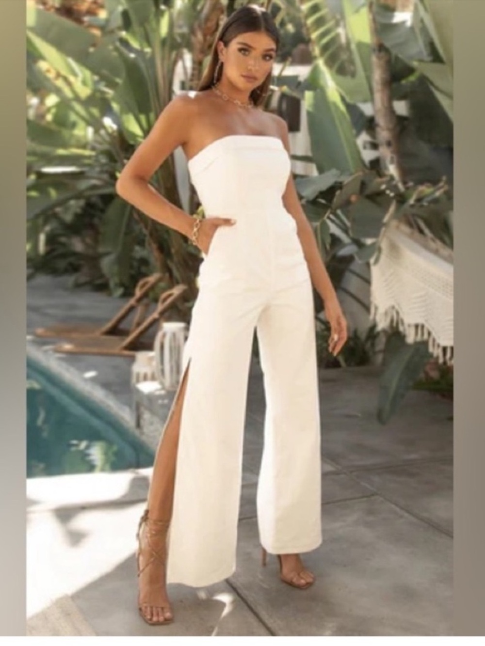 RNWY Runaway The Label Sydney Tahari Strapless Leg Slit Jumpsuit